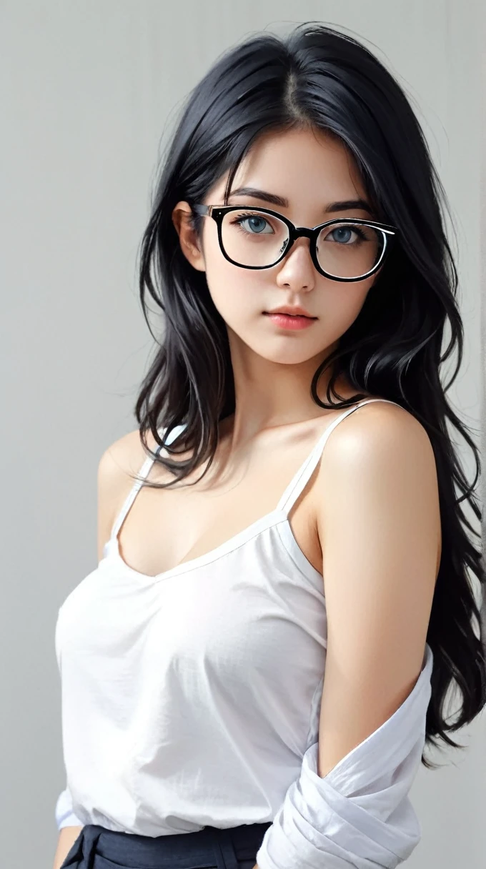 1girl, bare_shoulders, black_hair, blush, breasts, closed_mouth, eyebrows_visible_through_hair, blue eyes, glasses, grey_background, hair_between_eyes, long_hair, looking_at_viewer, big_breasts, shirt, simple_background, sleeveless, sleeveless_shirt, solo, upper_body, white_background, white_shirt, torn clothes, underwear, nsfw, solo, looking at viewer,  sumi-e, masterpiece,best quality,extremely detailed,fine details,official art,unity 8k wallpaper,4K,8K,UHD, antiBlur,photography, abstract background, (upper body:1.5)