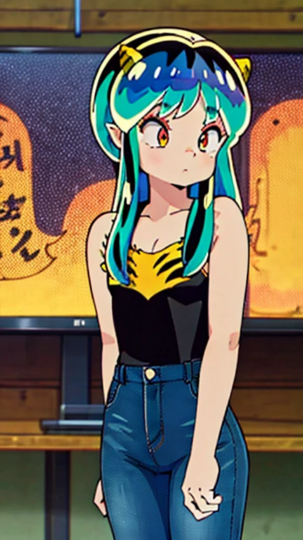 Alien girl, oni, 17 year old, chica atractiva, largo cabello verde, cuernos amarillos, Lum, Stanting, blackTank top, Blue Pants, slipers,1girl, (masterpiece), (high resolution), (8K), (extremely detailed), (4k), perfect face, 