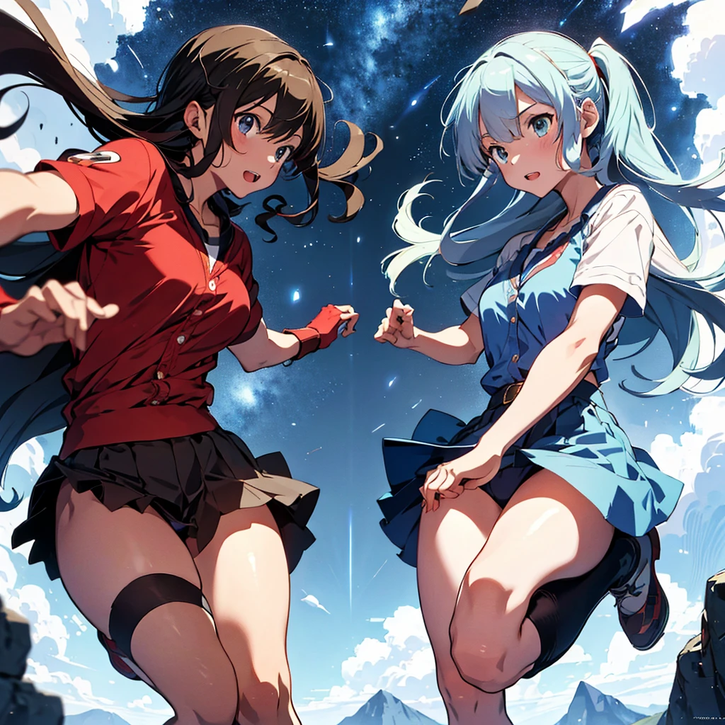 High resolution, Absurd, Perfect Anatomy(Two very handsome girls, pair)Detailed Background, Fighting game user interface, Dungeons, Jumping, punch, kick, whole body, Sound Effects, Motion Blur, 「VS」