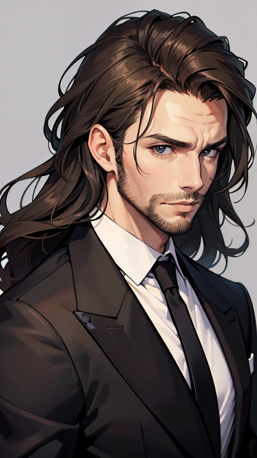 {8k image}, (((loosing black tie))), (masterpiece, best quality:1.4), portrait Solo, 30 years man, beard, european, brown eyes, serious eyes, black suit, brown medium hair, shoulder-length hair,wavy hair, sharp eyes, {looking directly at the viewer}, {facing forward}, {perfect anatomy}, {image focused only on the face}, {face portrait}, grey background,