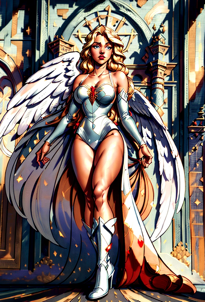 Arafed, a picture of a female angel in high society prom event, divine beautiful female angel, blond hair, long hair, flowing hair, the hair glows in a soft light, cerulean eyes, deep light eyes, divine beautiful face, (spread white feather wings: 1.1), she wears a ((red evening dress: 1.2)), elegant, intricate detailed dress, silk dress, she wears elegant knee high heeled boots, exquisite high heeled boots, she stands on the porch of a fantasy castle, dynamic angle, soft torch light, (Masterpiece: 1.5), 16k, highres, best quality, high details, ultra detailed, masterpiece, best quality, (extremely detailed), AngelStyle, GlowingRunesAI_paleblue, angel_wings, Angel