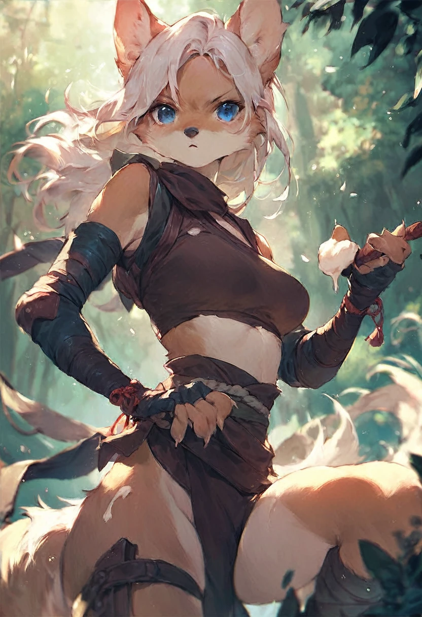 score_9, score_8_up, score_7_up, score_6_up, score_5_up, score_4_up, (solo), female anthro wolf, solo, forest, ninja outfit, medium length white hair, dark blue eyes, light brown cream colored fur,