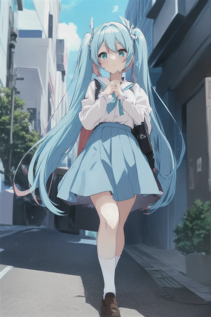 Light blue long hair、Beautiful girl with twin tails、An anime girl in a skirt is walking down the street, Best Anime、Anime Moe Art Style, Cute girl anime visuals、The light is green