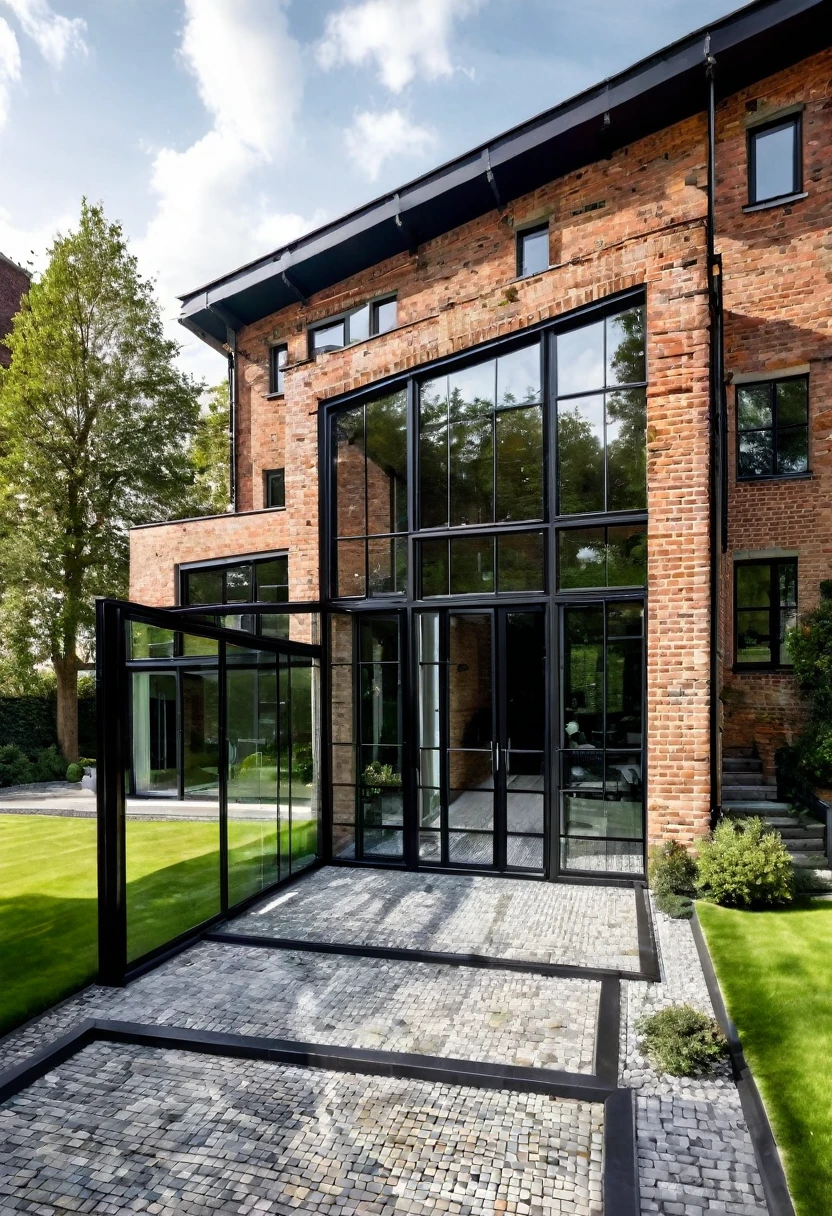 imagine an industrial house with different levels, with a glass wall divided by a massive black iron structure, a wall with English bricks, a black roof with a slope on the left side, grass in front, a stone floor up to the black main entrance door. Houses next door, Olmo trees at the entrance to the house
