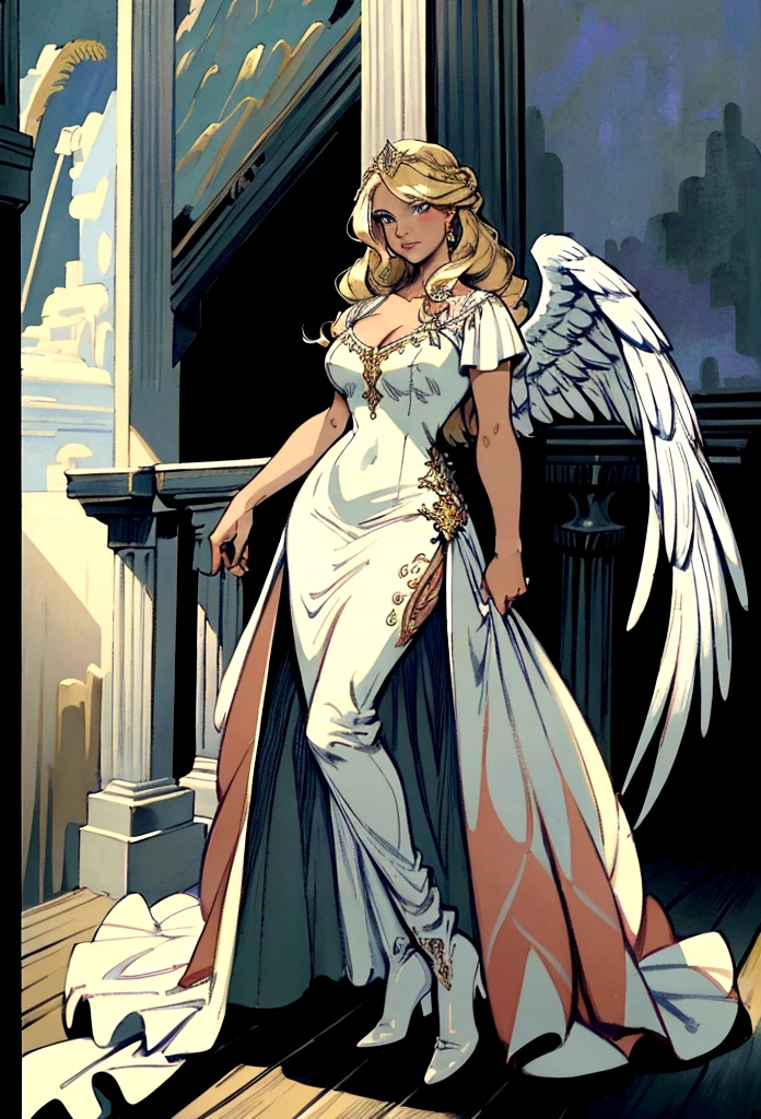 Arafed, a picture of a female angel in high society prom event, divine beautiful female angel, blond hair, long hair, flowing hair, the hair glows in a soft light, cerulean eyes, deep light eyes, divine beautiful face, (spread white feather wings: 1.1), she wears a ((red evening dress: 1.2)), elegant, intricate detailed dress, silk dress, she wears elegant knee high heeled boots, exquisite high heeled boots, she stands on the porch of a fantasy castle, dynamic angle, soft torch light, (Masterpiece: 1.5), 16k, highres, best quality, high details, ultra detailed, masterpiece, best quality, (extremely detailed), AngelStyle, GlowingRunesAI_paleblue, angel_wings, Angel