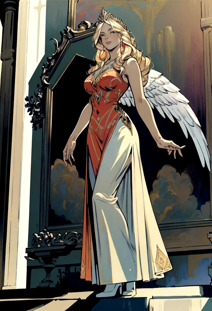 fantasy art, RPG art, photograph, RAW, (Ultra detailed: 1.5), Best Detailed, picture of a female vampire standing in St. Peter in the Vatican, an exquisute beautiful female vampire, full body, (best detailed face: 1.2), (grey skin: 1.2), red lips, (vampiric fangs1:1) (blood veins visible: 1.3), ultra feminie, blond hair, long hair, rich, flowing hair,wavy hair, red glowing eyes, wearing short dress, silk dress, intricate detaled dress, high heels, standing in St. Peter square in Vatican city, at night, full moon, stars in the sky, St. Peter square background, best quality, (extremely detailed), ultra wide shot, photorealism, depth of field, hyper realistic, 2.5 rendering,