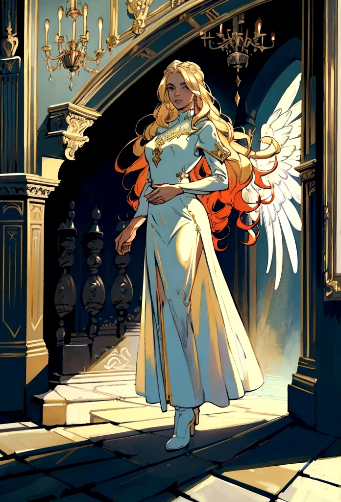 Arafed, a picture of a female angel in high society prom event, divine beautiful female angel, blond hair, long hair, flowing hair, the hair glows in a soft light, cerulean eyes, deep light eyes, divine beautiful face, (spread white feather wings: 1.1), she wears a ((red evening dress: 1.2)), elegant, intricate detailed dress, silk dress, she wears elegant knee high heeled boots, exquisite high heeled boots, she stands on the porch of a fantasy castle, dynamic angle, soft torch light, (Masterpiece: 1.5), 16k, highres, best quality, high details, ultra detailed, masterpiece, best quality, (extremely detailed), AngelStyle, GlowingRunesAI_paleblue, angel_wings, Angel