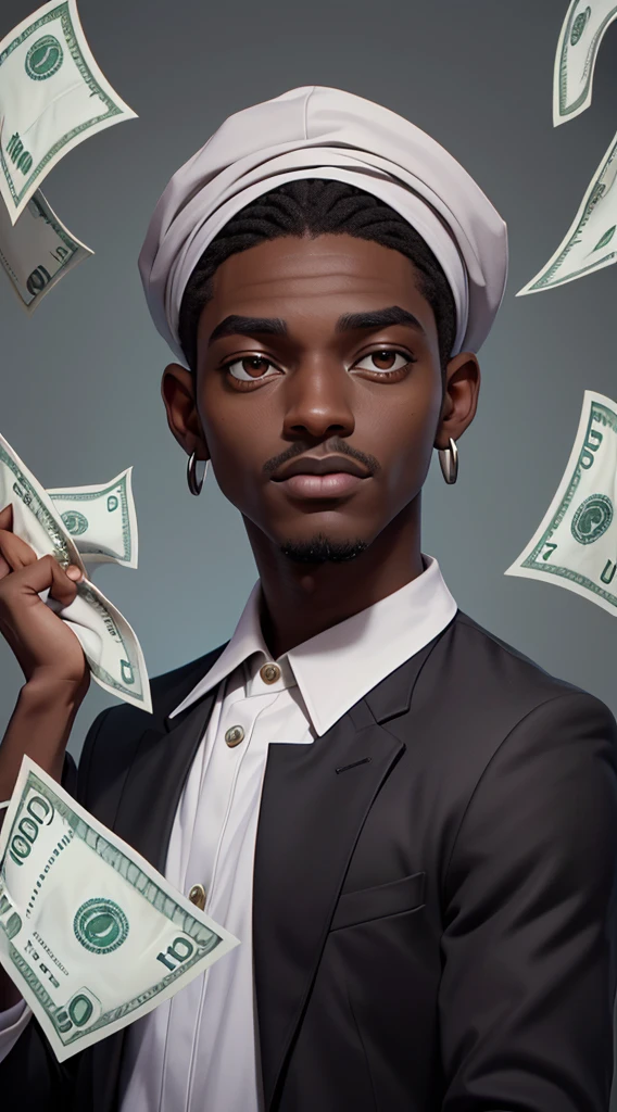 portrait, 1homme, Nigerian, dark skinned, content, porter un costume noir, argent, (Dollars in the air, Money in the air:1.3), Vue de face, Regarder le spectateur, highly detailed, Masterpiece, Backgroung minimaliste