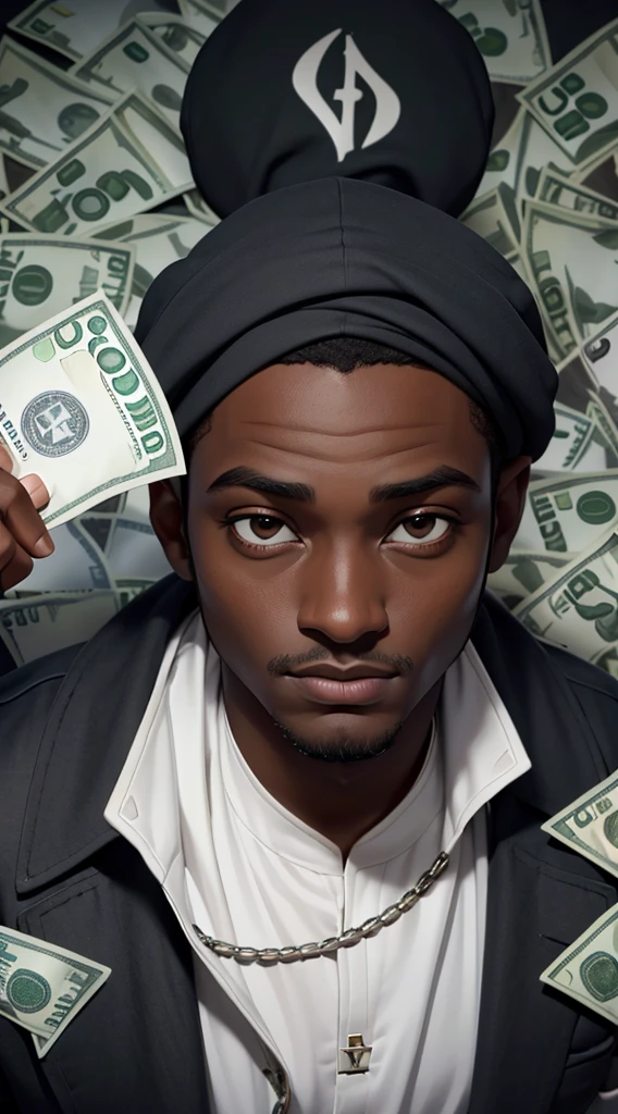 portrait, 1homme, Nigerian, dark skinned, content, porter un costume noir, argent, (Dollars in the air, Money in the air:1.3), Vue de face, Regarder le spectateur, highly detailed, Masterpiece, Backgroung minimaliste