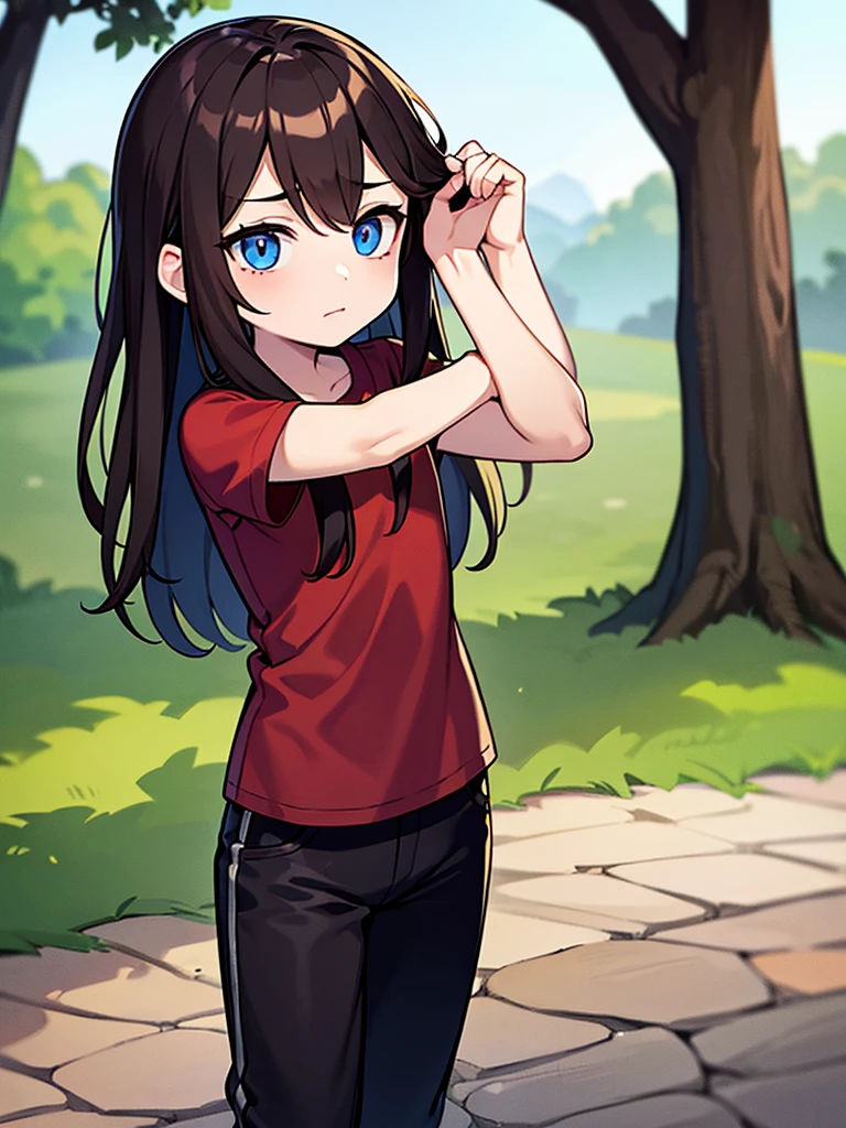 A scarred little boy with blue eyes and long brown hair, He has a red shirt and black pants, mirando al espectador en un bosque, touching its hair
