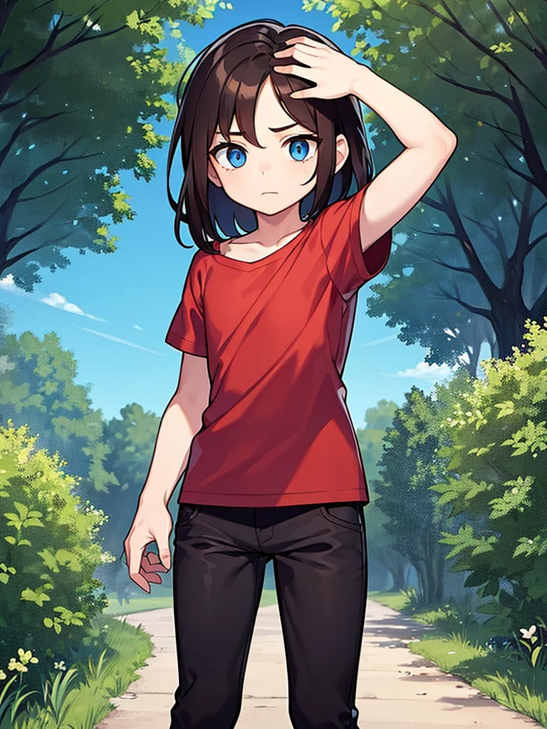 A scarred boy with blue eyes and long brown hair, He has a red shirt and black pants, mirando al espectador en un bosque, touching its hair