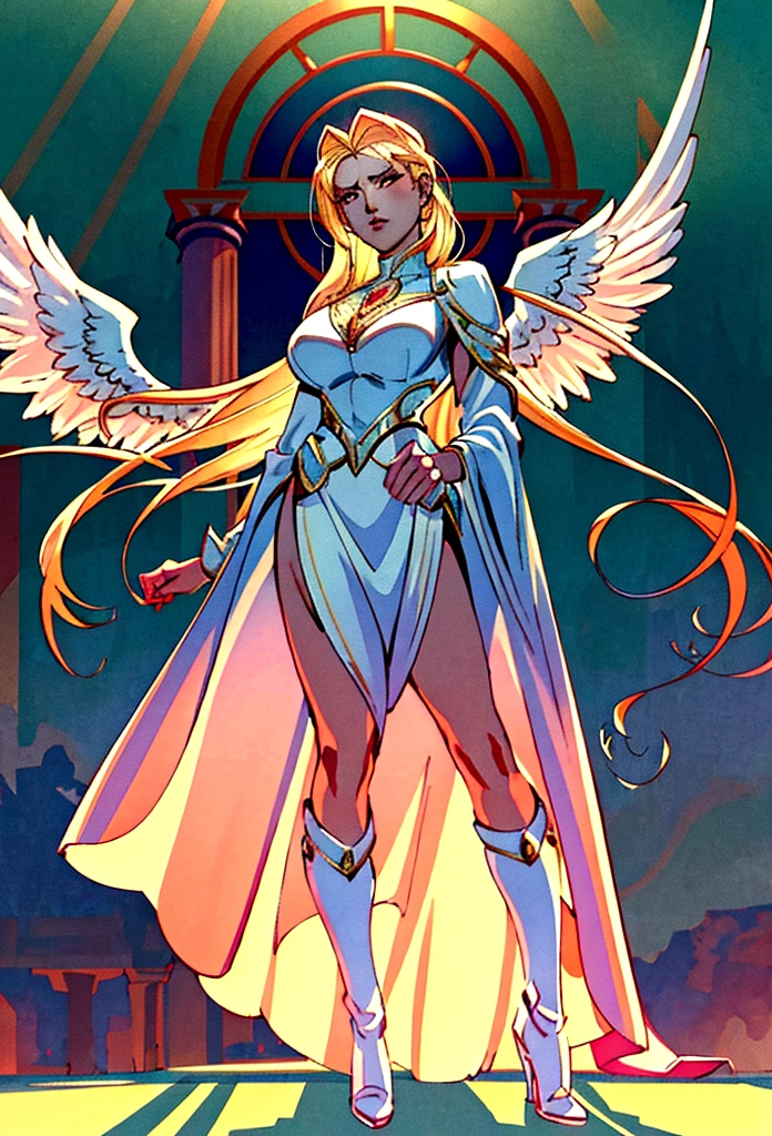 Arafed, a picture of a female angel in high society prom event, divine beautiful female angel, blond hair, long hair, flowing hair, the hair glows in a soft light, cerulean eyes, deep light eyes, divine beautiful face, (spread white feather wings: 1.1), she wears a ((red evening dress: 1.2)), elegant, intricate detailed dress, silk dress, she wears elegant knee high heeled boots, exquisite high heeled boots, she stands on the porch of a fantasy castle, dynamic angle, soft torch light, (Masterpiece: 1.5), 16k, highres, best quality, high details, ultra detailed, masterpiece, best quality, (extremely detailed), AngelStyle, GlowingRunesAI_paleblue, angel_wings, Angel