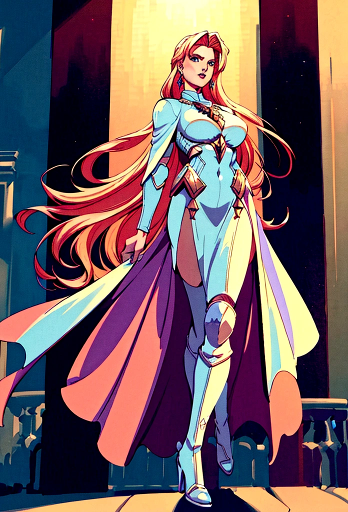 Arafed, a picture of a female angel in high society prom event, divine beautiful female angel, blond hair, long hair, flowing hair, the hair glows in a soft light, cerulean eyes, deep light eyes, divine beautiful face, (spread white feather wings: 1.1), she wears a ((red evening dress: 1.2)), elegant, intricate detailed dress, silk dress, she wears elegant knee high heeled boots, exquisite high heeled boots, she stands on the porch of a fantasy castle, dynamic angle, soft torch light, (Masterpiece: 1.5), 16k, highres, best quality, high details, ultra detailed, masterpiece, best quality, (extremely detailed), AngelStyle, GlowingRunesAI_paleblue, angel_wings, Angel