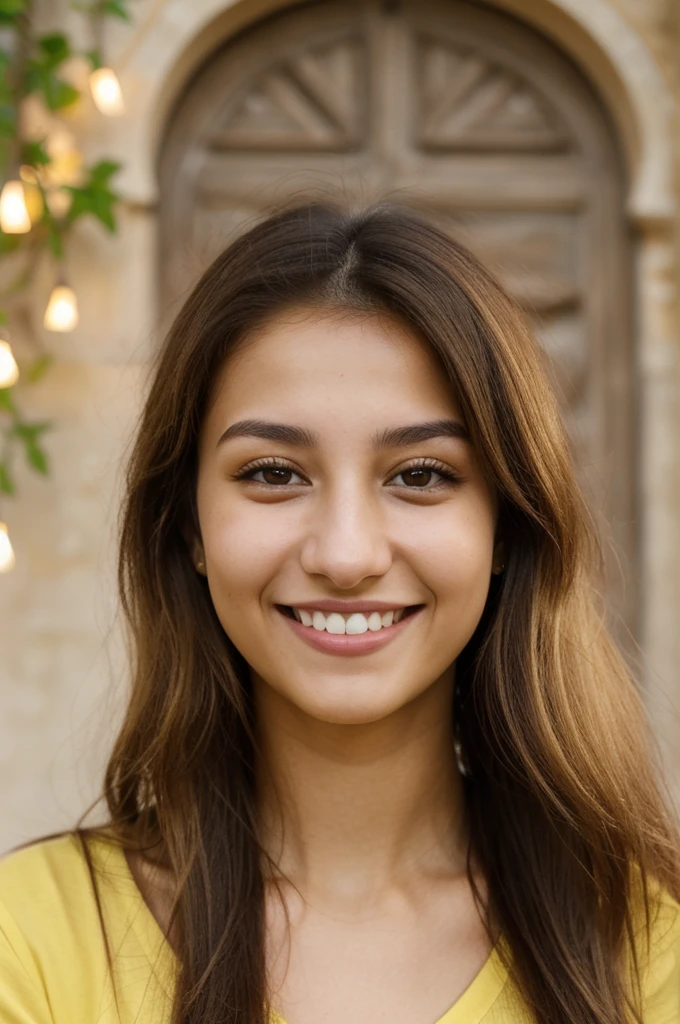 20YO, small nose, one women,attractive, Jordanian, Bright Yellow shirt, cute smile, cute face, white teethes, skinny face, light brown eyes, black/blonde long hair