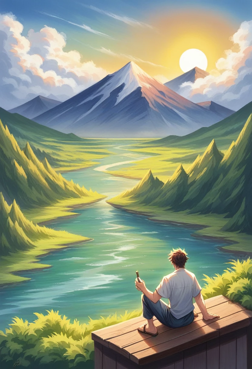 ((full body)), In leng jun and norman rockwell art style, hd, 8k resolution, fullbody, 16k resolution, hd, view from behind, 1 BOY is sitting by the river watching the sun rice in the background, river, mountains, sun, clouds He is wearing flip flop sandals, dramatic, pacefull scene high quality masterful still-life painting, oil painting, vibrant rich colors, atmospheric perspective, depth, illustration, intricate details, ultra high resolution, sharp details, sharp focus, 8k resolution Miki Asai Macro photography, fullbody, hyper detailed, trending on artstation, sharp focus, studio photo, intricate details, highly detailed, by greg rutkowski ,GO_pokemon, high quality masterful still-life painting, oil painting, vibrant rich colors, atmospheric perspective, depth, illustration, intricate details, ultra high resolution, sharp details, sharp focus, 8k resolution Miki Asai Macro photography, fullbody, hyper detailed, trending on artstation, sharp focus, studio photo, intricate details, highly detailed, by greg rutkowski ,GO_pokemon,
