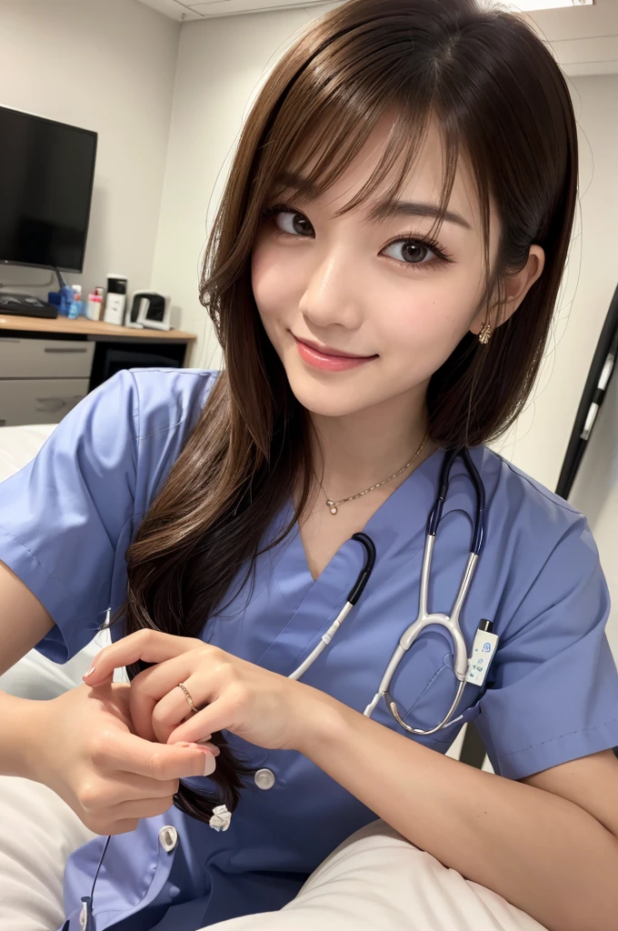 POV, (masterpiece:1.3), high resolution, ultra detailed, extremely detailed CG unity 8k wallpaper, realistic, photo-realistic, RAW photo, beautiful detailed face, pale skin, realistic skin, detailed cloth texture, detailed hair texture, Perfect proportion, Beautiful Face, accurate, Anatomically correct, Highly detailed face and skin texture, natural neck length, (beautiful hands), (fair skin:1.2), Thin legs, Thin feet, 
BREAK 
Detailed eyes, symmetrical eyes, Light Brown eyes, Double eyelids, Thin eyebrows, (Glossy lips:1.4), (Goddess smile:1.2), 
BREAK 
(A Classy and Cute girl:1.3), (Wearing a Elegant Medical office staff uniform:1.2),
(medium large breasts:1.2), (slender figure), 
(Dark brown hair, wavy hair), ((Medium long hair, asymmetrical bangs:1.2)), (Cowboy shot:1.2), (looking at viewer:1.2), From front, 
BREAK 
((fingersmile:1.37), (Japanese hospital bed:1.2),