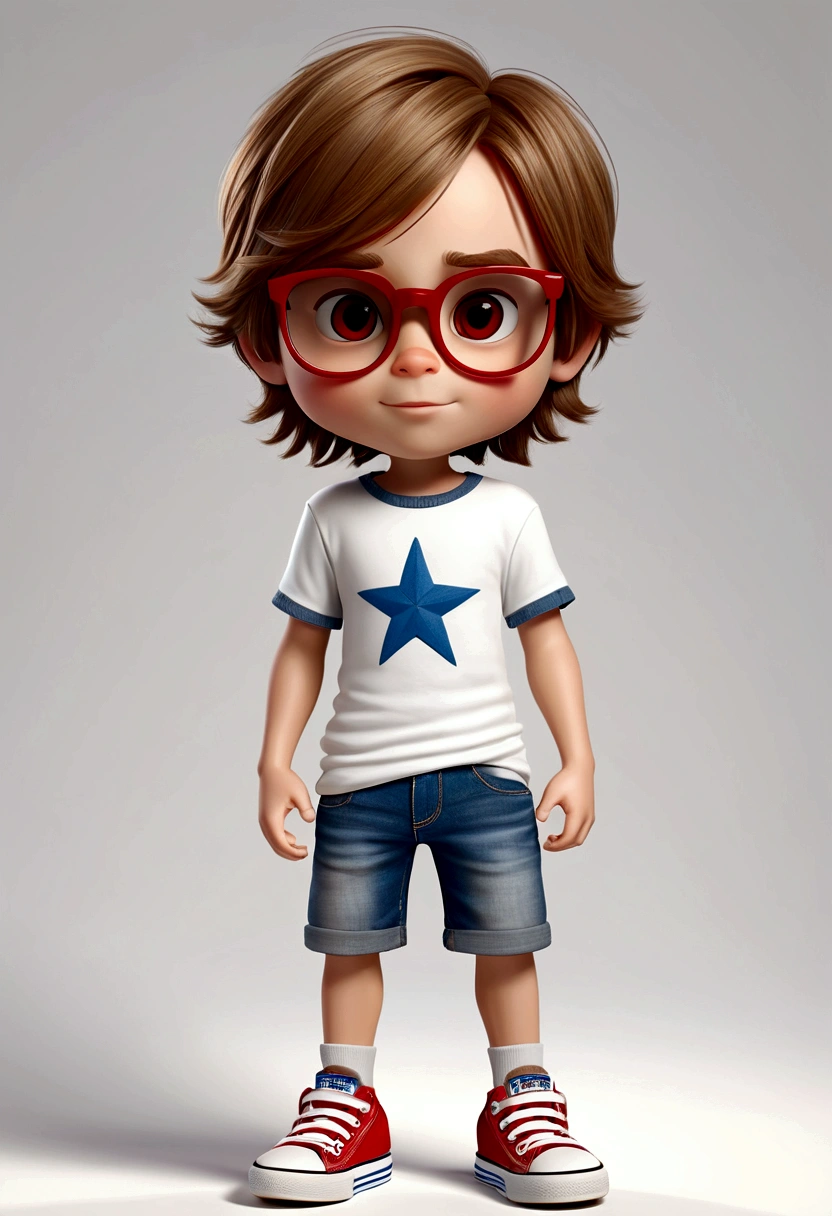 draw a 6 year old boy, cute, 3D, white background. white skin, brown hair with shades of blonde, very long and straight hair, red-rimmed glasses and dark eyes. wearing a white t-shirt with no details and denim shorts and blue all star sneakers.