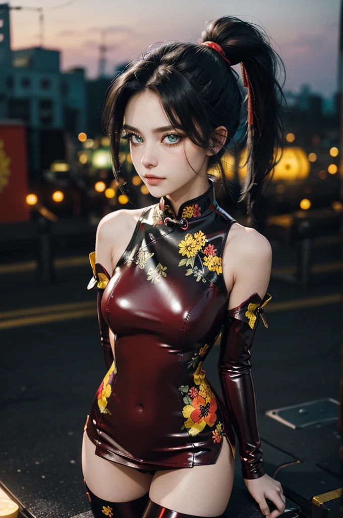 (RAW photo, best quality), Cute girl with short black hair, (ponytail), (city roof at night background), low light , green eyes , dark eyeliner, innocent smile, gorgeous face , super cute, 18 years old , young looking, hyper detailed face, dark eyeliner, (medium breast), (thin waist), (bare shoulders, (bare hips), red PVC mini dress with yellow flower decoration and vivid patterns, qipao, deep black leather thigh high boots, red PVC arm sleeves with yellow flower decorations
