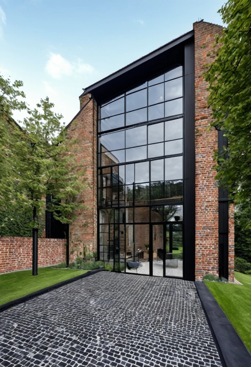 imagine an industrial house with different levels, with a glass wall divided by a massive black iron structure, a wall with English bricks, a black roof with a slope on the left side, grass in front, a stone floor up to the black main entrance door. Houses next door, Olmo trees at the entrance to the house