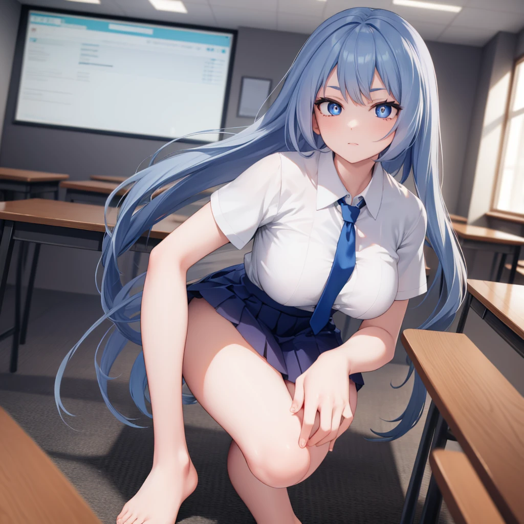 nejirehadou, nejire hadou, blue eyes, blue hair, long hair,
BREAK necktie, pleated skirt, , short sleeves, skirt, u.a. ,
BREAK looking at viewer, full body,
BREAK indoors, classroom,
BREAK (masterpiece:1.2), best quality, high resolution, unity 8k wallpaper, (illustration:0.8), (beautiful detailed eyes:1.6), extremely detailed face, perfect lighting, extremely detailed CG, (perfect hands, perfect anatomy),