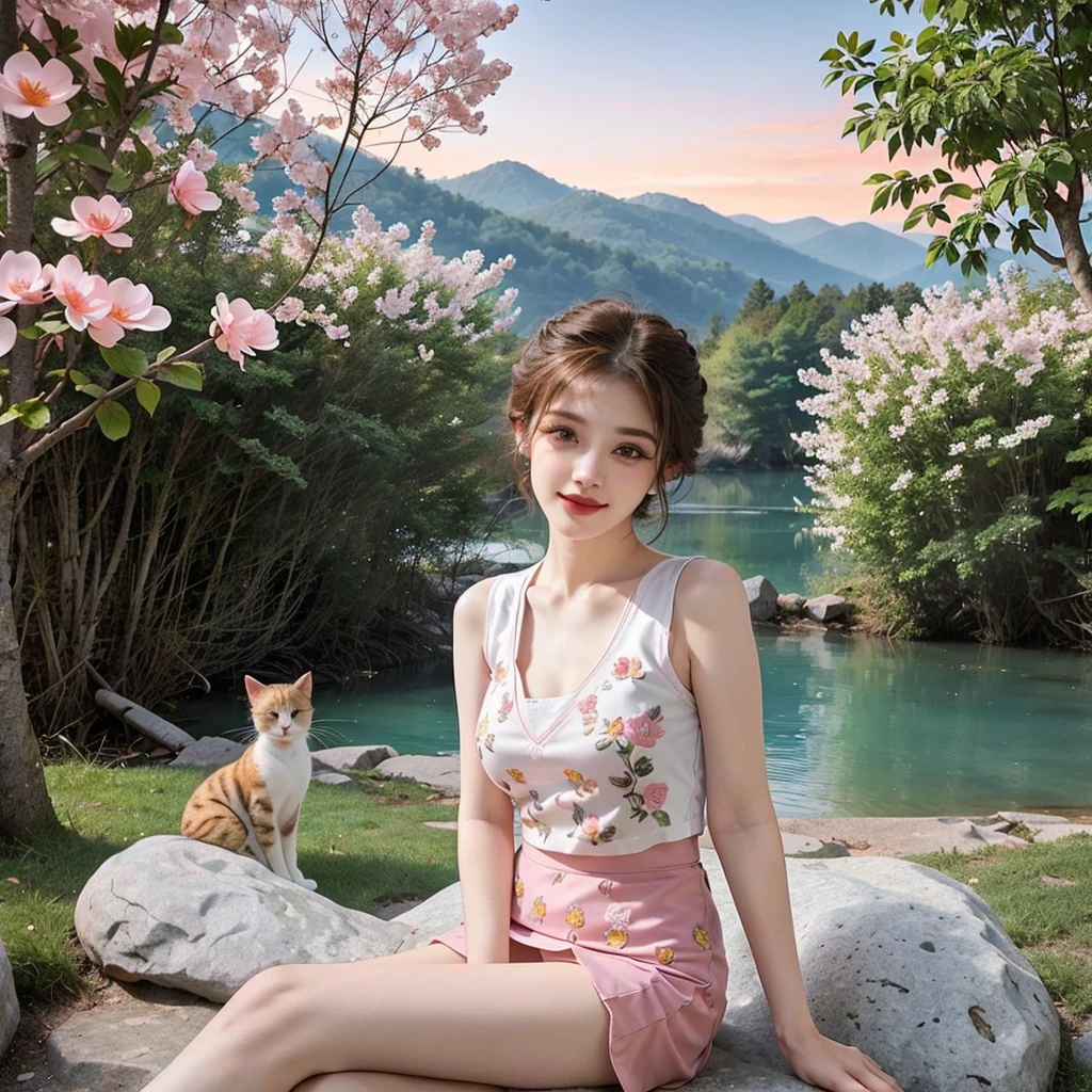 Masterpiece, Best quality, high resolution, realistic , hyperrealism , lifelike photography ,2024s, , alluring beautiful full body shot, (curly blondish brunette long hair, blue beautiful eyes), white skin with freckles,((( beautiful short cut naughty vest with flower embroidery mini skirt ))), beautiful golden  necklaces & bracelets, elegant bearing, beautiful landscape background of a rose & lilac orchid garden, high budget , beautiful mesmerizing face and small nose, long and curly sparkling hair , holding a beautiful orange stray cat , clivage , sunset , pink clouds , yellowish red rays at the horizon, elegant posing, beautiful legs, fit body, gorgeous Russian woman standing and naughty posing at the lagoon shores, back shot, side shot , front shot, blue lagoon , full body shot at the frame , naughty smile , deep cut chest style dress,(( very short skirt)) ,windy summer breeze , reasonable naked body parts, reasonable nudity ,((((cute cats sitting around her)))), naughty girl , very cute smile, bra and underwear is seen ,(( lingerie )) , 25 years old blonde Russian girl ,