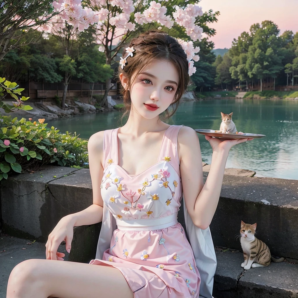 Masterpiece, Best quality, high resolution, realistic , hyperrealism , lifelike photography ,2024s, , alluring beautiful full body shot, (curly blondish brunette long hair, blue beautiful eyes), white skin with freckles,((( beautiful short cut naughty vest with flower embroidery mini skirt ))), beautiful golden  necklaces & bracelets, elegant bearing, beautiful landscape background of a rose & lilac orchid garden, high budget , beautiful mesmerizing face and small nose, long and curly sparkling hair , holding a beautiful orange stray cat , clivage , sunset , pink clouds , yellowish red rays at the horizon, elegant posing, beautiful legs, fit body, gorgeous Russian woman standing and naughty posing at the lagoon shores, back shot, side shot , front shot, blue lagoon , full body shot at the frame , naughty smile , deep cut chest style dress,(( very short skirt)) ,windy summer breeze , reasonable naked body parts, reasonable nudity ,((((cute cats sitting around her)))), naughty girl , very cute smile, bra and underwear is seen ,(( lingerie )) , 25 years old blonde Russian girl ,