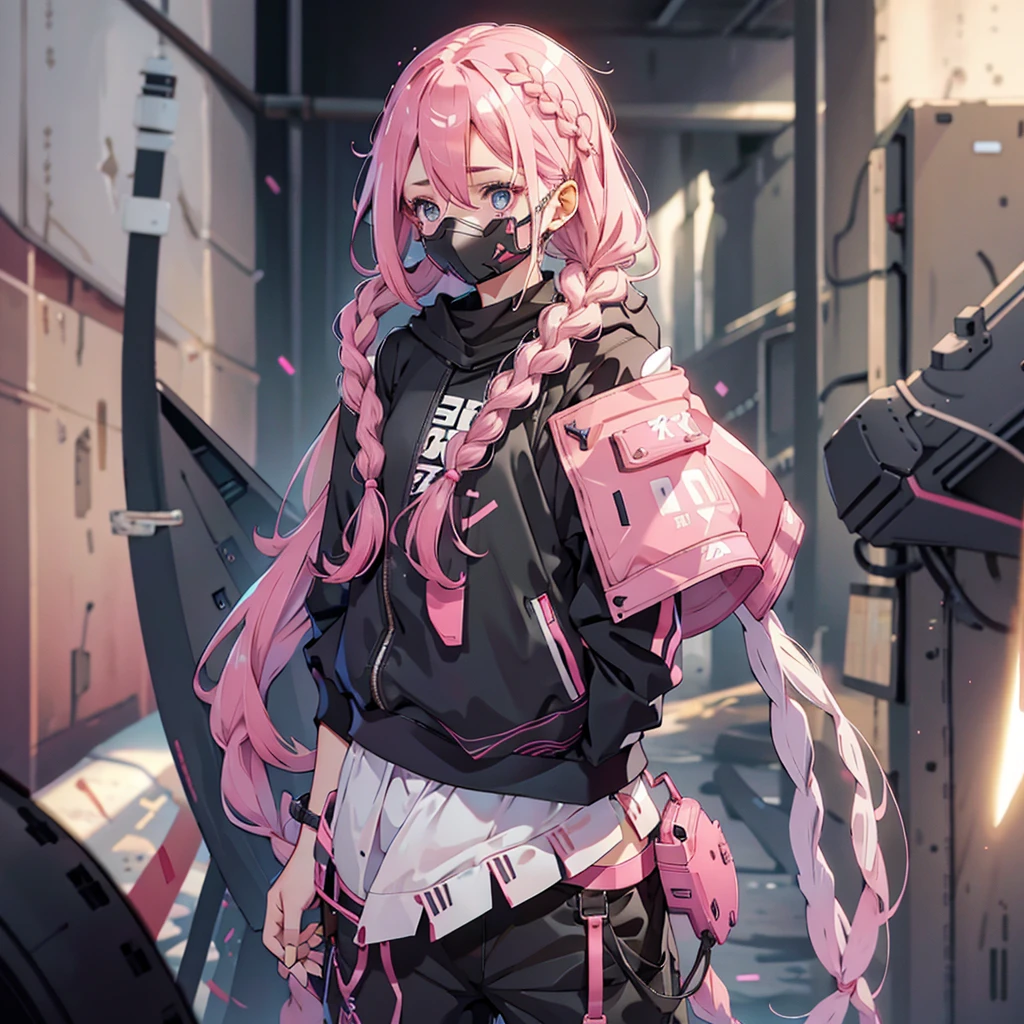 1girl, long pink braided hair, cyber helmet, sexy black tank top, cyber body, white cargo pants, mouth mask, covered mouth, pale skin, Blur background, 8K, Hi-Res