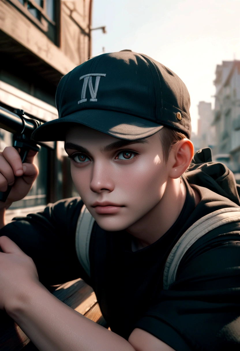 Boy in a cap with strong arms and a super realistic sniper in 8k