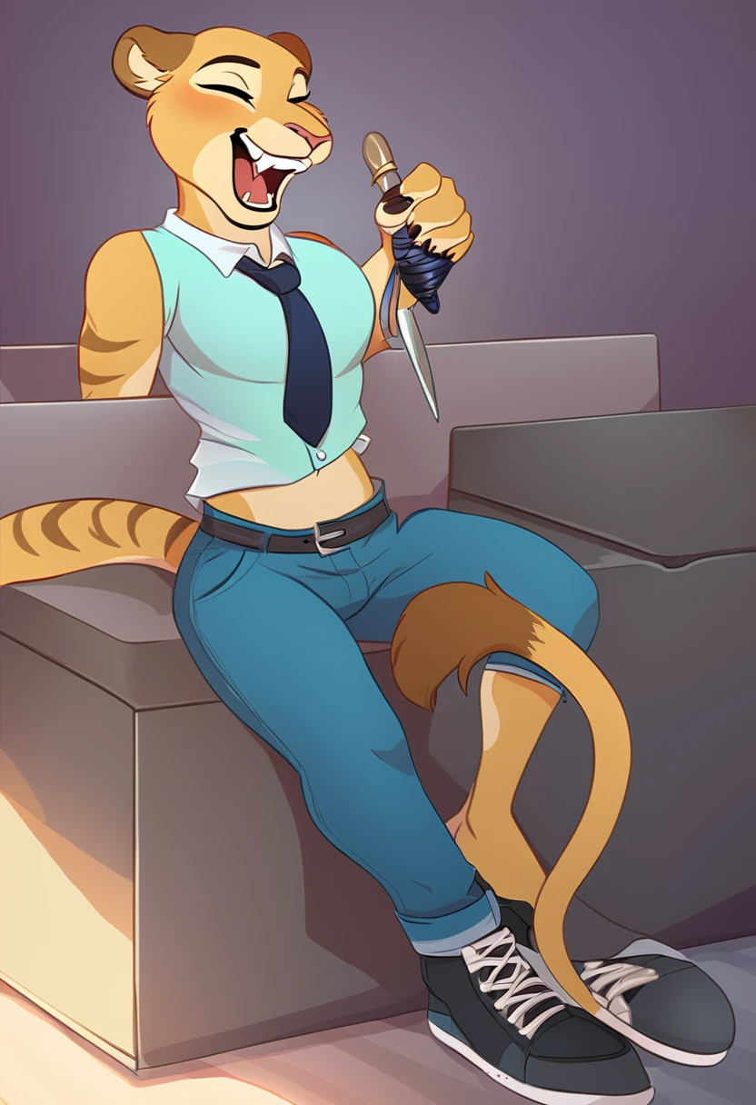 an anthropomorphic lioness  wearing a short-sleeved blue shirt with a tie, a bright green vest with gray stripes, blue pants and shoes, laughing, holding a black and white striped wand in his paw