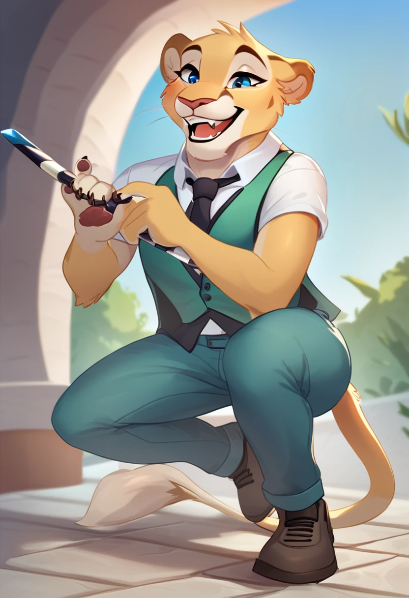 an anthropomorphic lioness wearing a short-sleeved blue shirt with a tie, a bright green vest with gray stripes, blue pants and shoes, laughing, holding a black and white striped wand in his paw