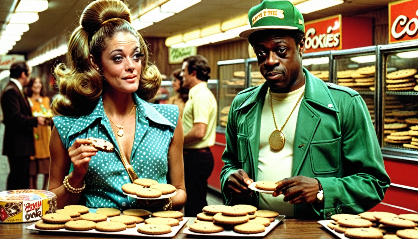 1970s photo of "Devin The Dude" wearing 1970s attire, a beautiful woman is trying to sell him cookies but he looks like he doesn't want to buy any, cinematic action, atmospheric perspective, 