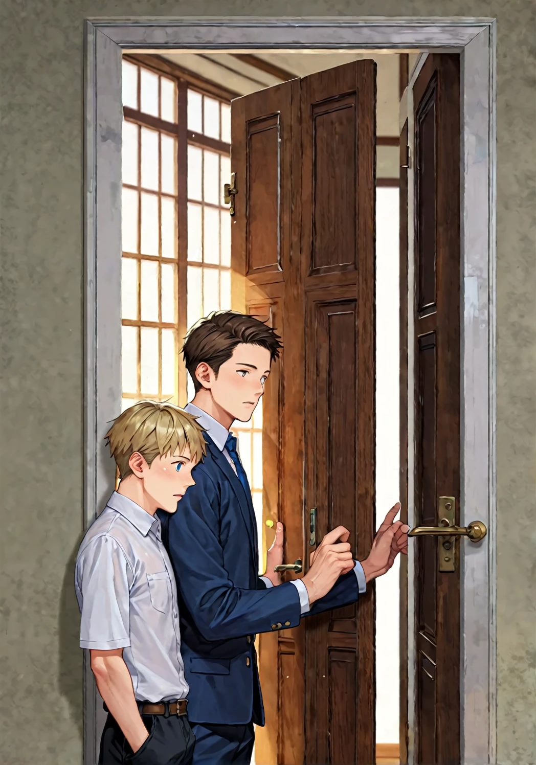 score_9, score_8_up, score_7_up, score_anime, (beautiful eyes),2 boy,grinning,An anime-style image showing two boys eavesdropping with their ears pressed against a door. Both boys are leaning in and listening intently. One boy has blonde hair, and the other has brown hair. Both are wearing white collared shirts. The composition focuses on their upper bodies, capturing their curious expressions as they listen,(detailed eyes),detailed skin,masterpiece,best quality,Top Quality,High quality