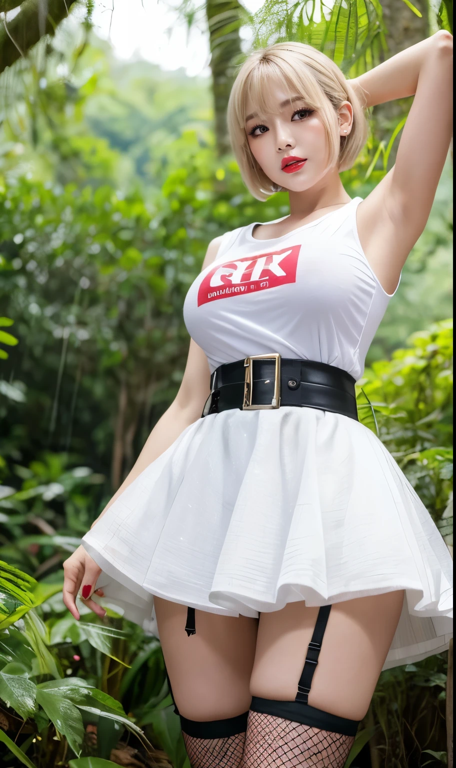 Korean Idols Mature Woman 40 years old Blonde chignon with bangs short hair Smokey makeup black mascara Bright red lipstick and plump lips (White sleeveless t-shirt) Denim mini skirt garter belt Fishnet stockings Big Breasts Duck mouth Sweaty, shiny skin Clean armpits In the rain forest hands behind head pose Portrait Gravure photoshoot