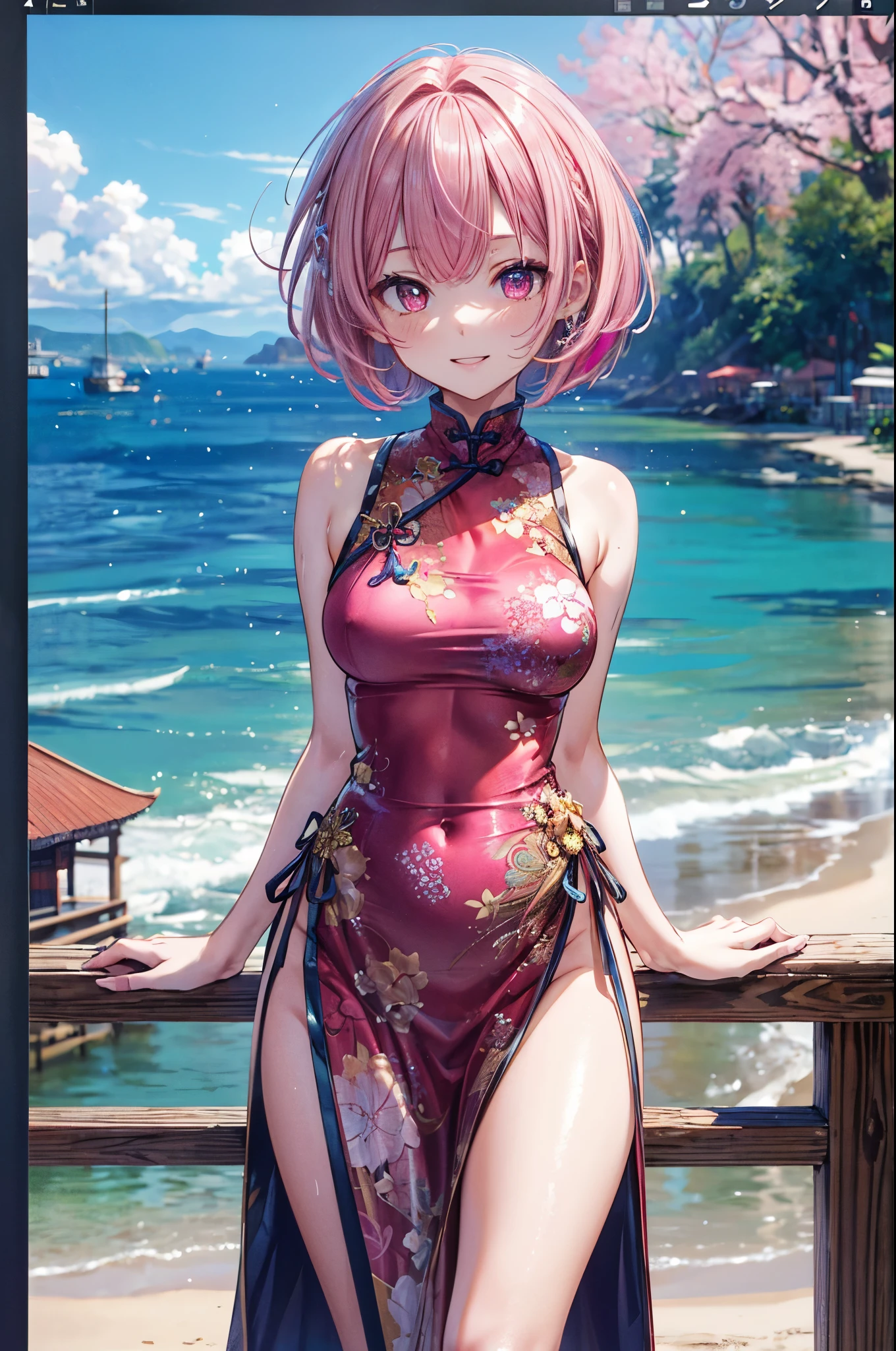 (Short red Chinese dress, Sleeveless, Deep slit,panties), break, skinny, 4 defined fingers, 1 defined thumb, looking at viewer, solo, 1 woman, 25 years old, AI generated, highest quality, masterpiece, skindentation, perfect face, 8k , cowboy shot, (short hair), (pink hair:1.5), bob cut, black eye, smile, thin thighs, ((medium breasts)), perfect limbs, sexy, (visible nipples:0.9),, ((arms at sides)), (bright seaside), standing, (((metallic costume))), facing straight at viewer,