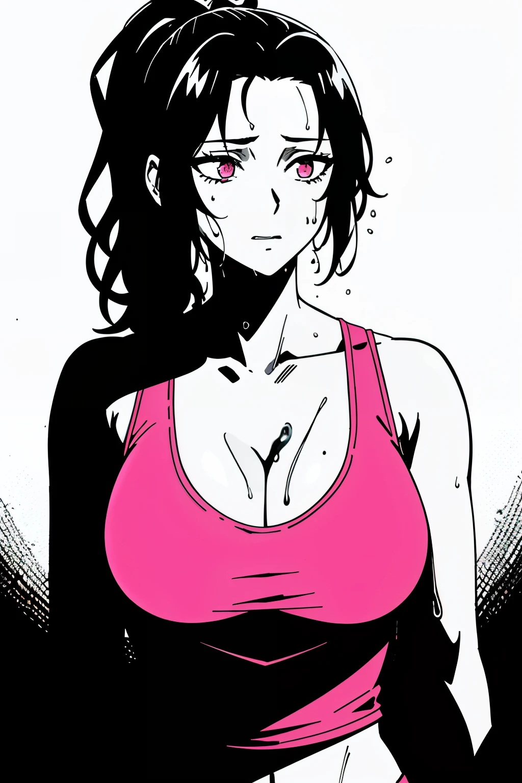 v5lcn style、(Comic-000009:0.6)、(extreme high contrast:1)、(ink art_Dark ink:1)、22-year-old russian girl,Raised sexy,drenched all over the body,clothes see-through:1.2,, E cup,Wet hair,The chest is huge, woman brown wavy hair and a ponytail. torn clothes. (pink summer tank top), damaged clothes, Cleavage, big breasts, exposed