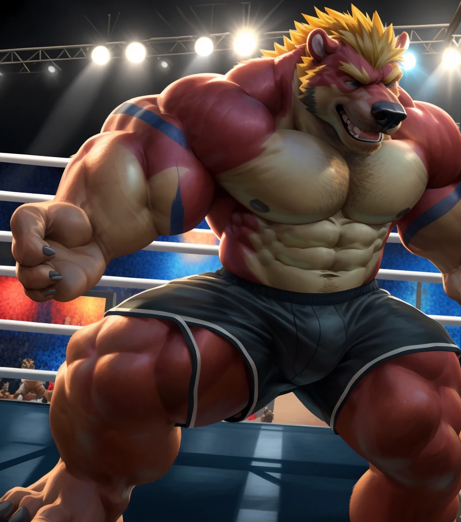 a muscular grizzly bear,a muscular husky dog,fighting in an MMA arena,shirtless,topless,wearing MMA shorts,wearing MMA gloves,(best quality,4k,8k,highres,masterpiece:1.2),ultra-detailed,(realistic,photorealistic,photo-realistic:1.37),HDR,UHD,studio lighting,ultra-fine painting,sharp focus,physically-based rendering,extreme detail description,professional,vivid colors,bokeh,action photography,dynamic composition,dramatic lighting