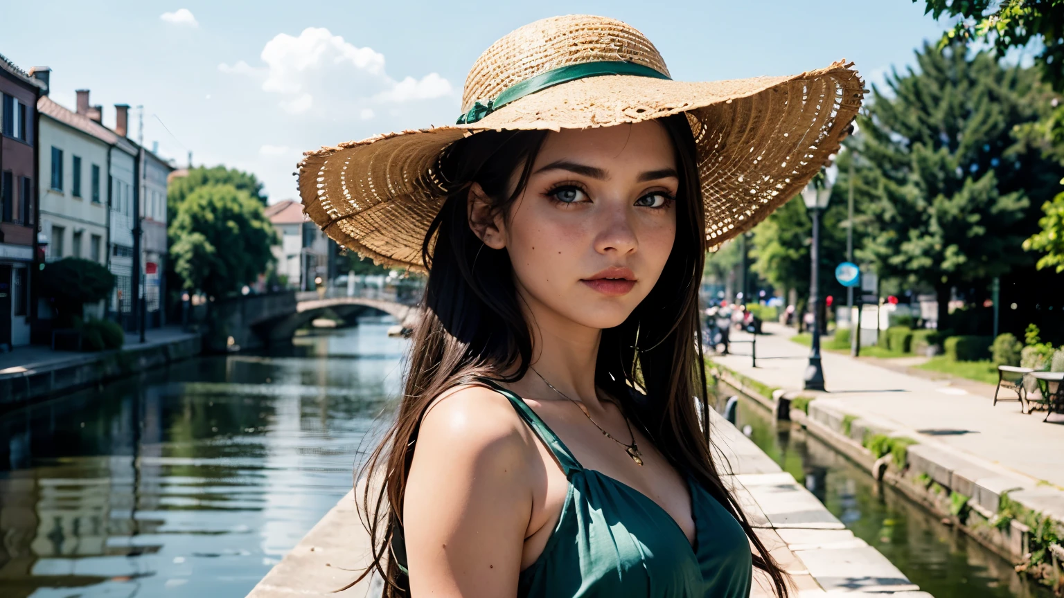 35mm film, solo, updo, makeup, blue eyes, , (green dress), green skirt, looking at viewer, epiCPhoto,focus on face, close to viewer, intricate lines, canals, bridges, Sun hat, sharp magnificent details, delicate features, elaborate details, beautiful girl, black hair, (long hair) eighteen years old woman, ((upper body)) (Acne), ((natural lighting))