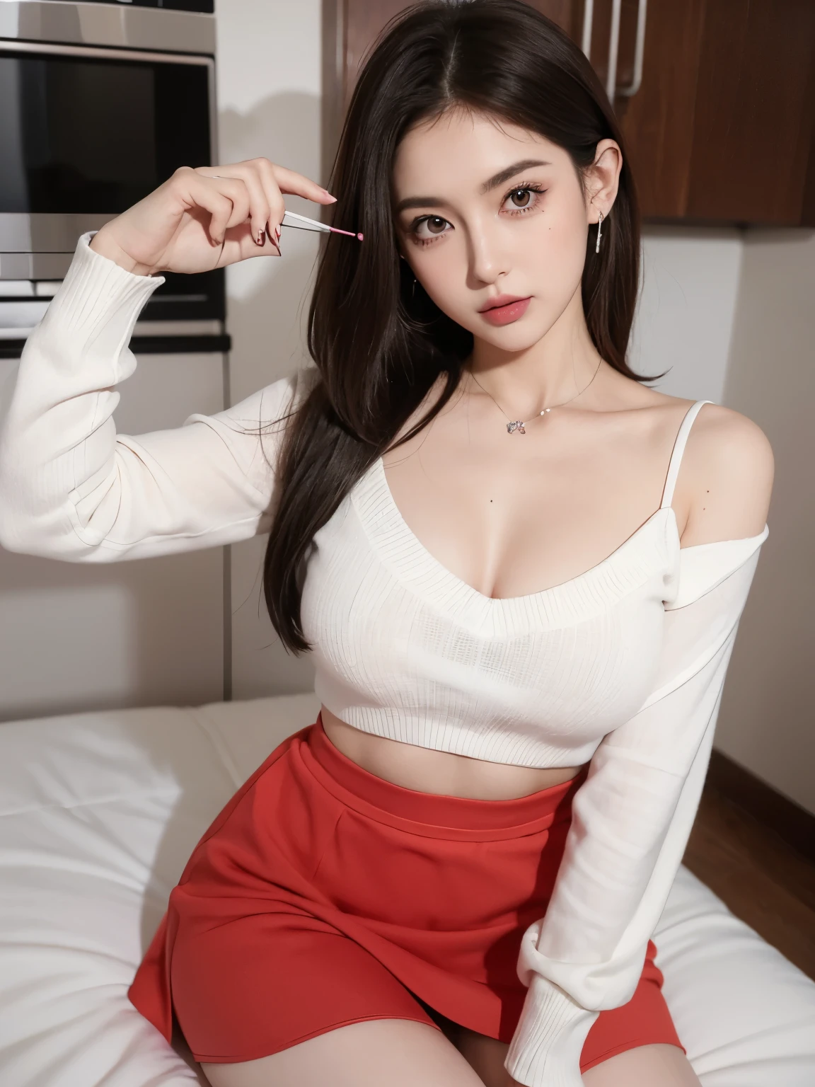 pretty woman, short hair, boy's short hair with white brown hair, con rulos en las puntas, all her hair white brown, with a star clip in her white brown hair, ojos de color claro, ojos bonitos, ojos llorosos, nariz bonita y respingada, nariz lloroso, labios bonitos, labios rosas, heart and cupid shaped lip, piel bonita, pale, piel blanca, con lunares y pecas en todo el rostro, rubor rosa suave en las mejilla, rubor rosa natural, maquillaje suave y rosa, boy, cuello bonito, cuello marcado, frown, mirada tierna, con un collar de beso, un collar bonito de beso, parecido a Yumeko Jabami, mientras lleva puesto un Crochet YK2, with a YK2 style brown mini skirt, mientras tiene el abdomen desnudo, delgado, marcado y bonito, (pechos grandes, pechos suaves, pechos bonitos), mientras esta haciendo cospaly del personaje Yumeko Jabami, del anime Kakegurui, mirando a la camara, autofoto, selfie bonita