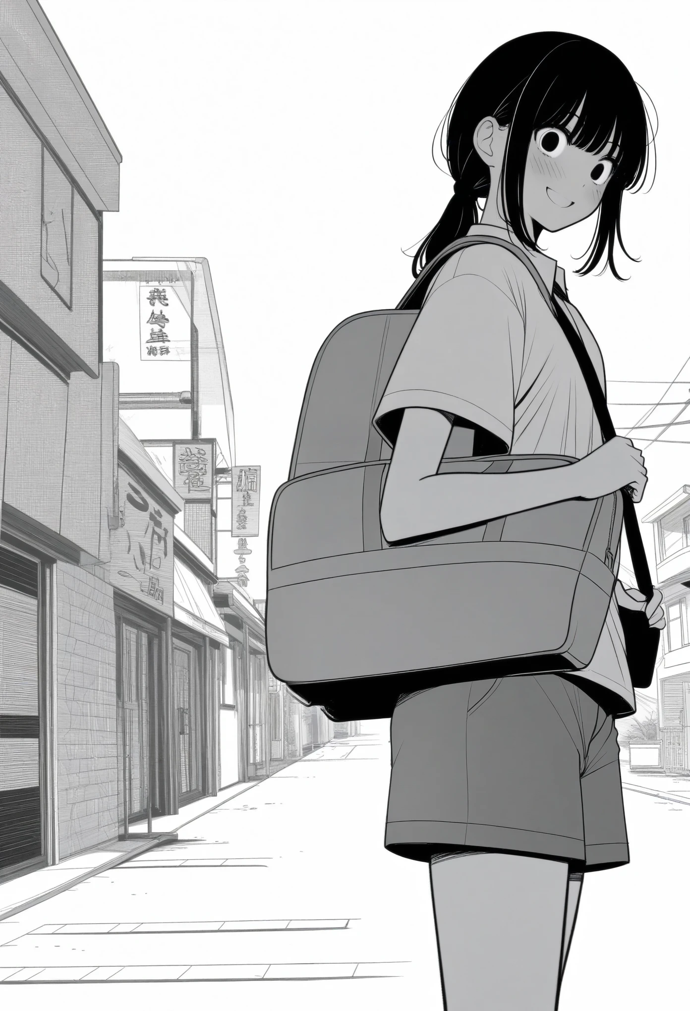 masterpiece, best quality, 1girl, mamerakkkkko, grayscale, style: manga, japanese, chi no wadachi, black eyes, street, iced, black hair, schoolbag, smile, lineart, white background, white shirt, grey shorts,
