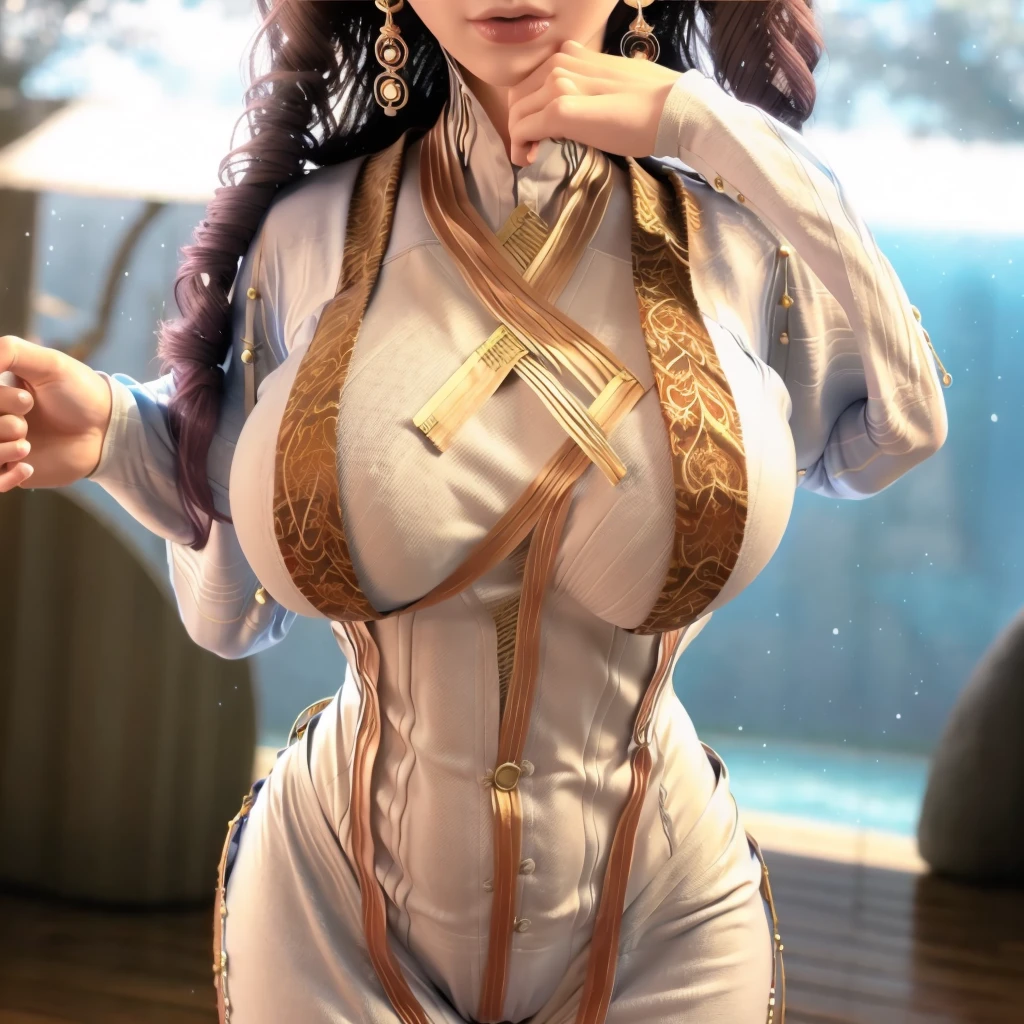 ((1girl:1.5),beautiful breasts,(large breasts),pale skin,(erect nipples)),((realistic),high resolution,best quality,masterpiece,(Sense of presence:1.5),(((Dynamic,bold))))),((thin hair:1.2),(extra long High ponytail:1.5),(straight hair),Swept bangs,(extra light coppery amber hair),(hair over one eye),hair blowing in the wind)