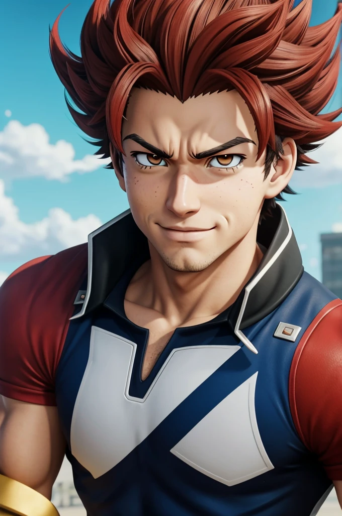 captura de pantalla anime my hero academia, personaje masculino Hawks, cabello corto ligeramente ondulado, ojos dorados con delineado, cejas pobladas, alas rojas, abrazando a una chica rubia clara, with happy expression, ojos grises y con el uniforme de la U.A