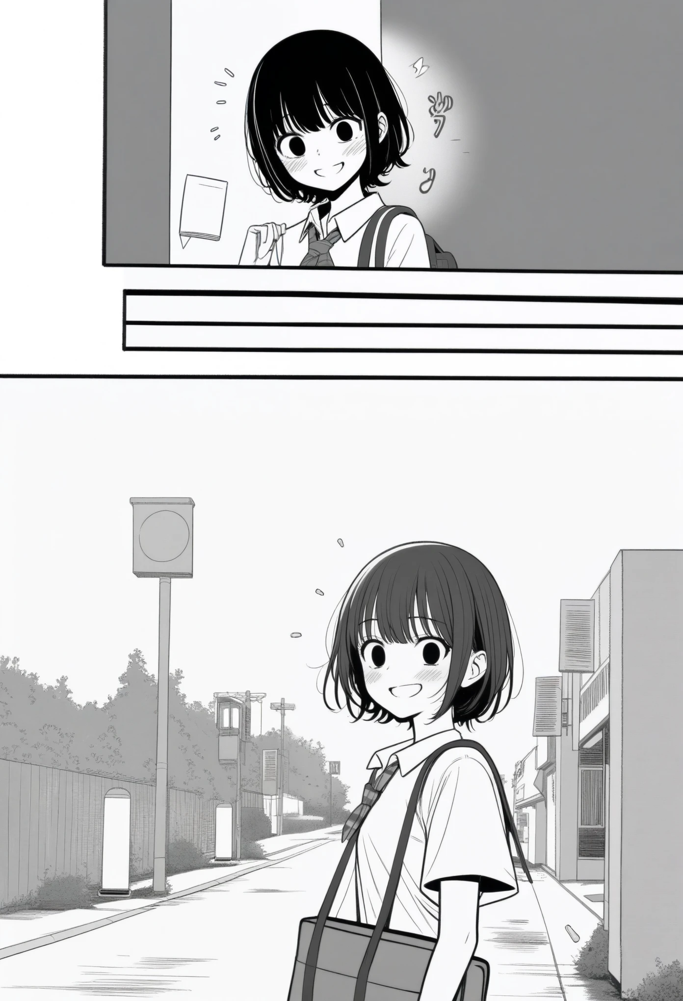 masterpiece, best quality, 1girl, mamerakkkkko, grayscale, style: manga, japanese, chi no wadachi, black eyes, street, iced, black hair, schoolbag, smile, lineart, white background, white shirt, grey shorts,