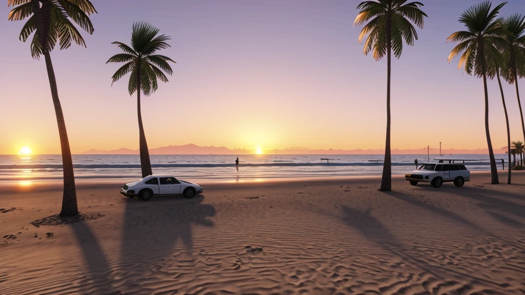 Create a GTA 5 Los Santos Beach type picture, beach, no cars, palm trees, detailed, perfect, sunset, no people,