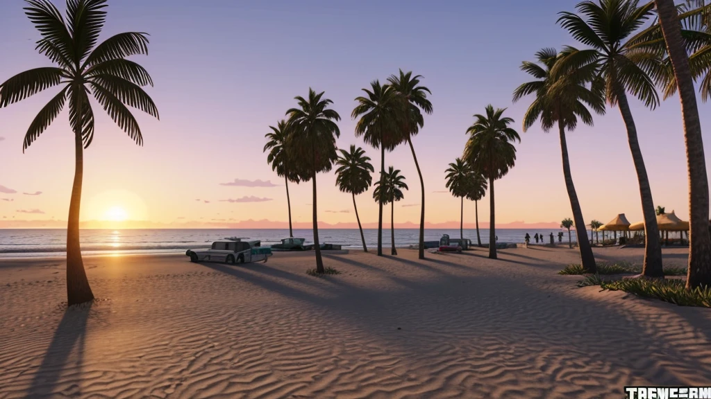 Create a GTA 5 Los Santos Beach type picture, beach, no cars, palm trees, detailed, perfect, sunset, no people,