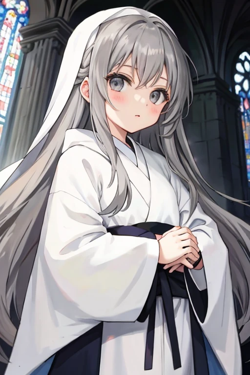 anime young girl with long grey hair and grey eyes wearing church robes
