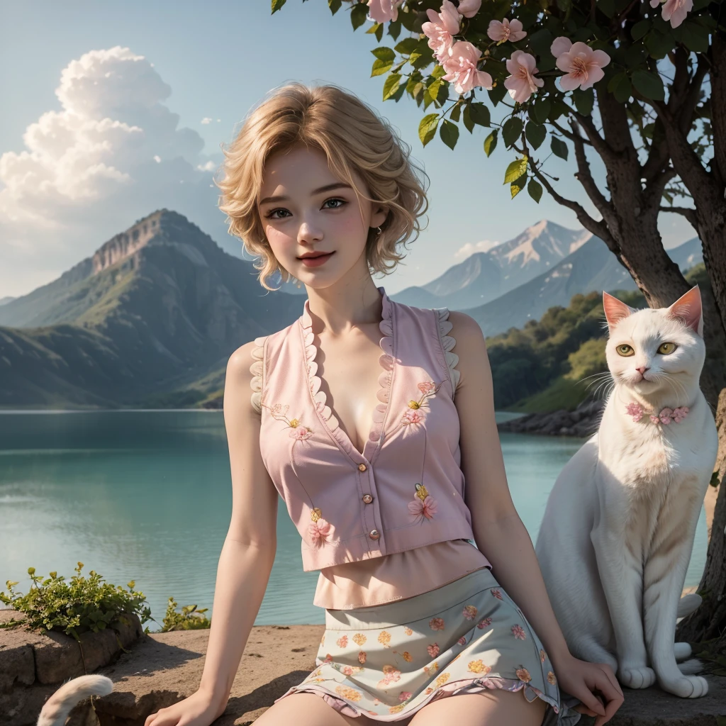 Masterpiece, Best quality, high resolution, realistic , hyperrealism , lifelike photography ,2024s, , alluring beautiful full body shot, (curly blondish brunette long hair, blue beautiful eyes), white skin with freckles,((( beautiful short cut naughty vest with flower embroidery mini skirt ))), beautiful golden  necklaces & bracelets, elegant bearing, beautiful landscape background of a rose & lilac orchid garden, high budget , beautiful mesmerizing face and small nose, long and curly sparkling hair , holding a beautiful orange stray cat , clivage , sunset , pink clouds , yellowish red rays at the horizon, elegant posing, beautiful legs, fit body, gorgeous Russian woman standing and naughty posing at the lagoon shores, back shot, side shot , front shot, blue lagoon , full body shot at the frame , naughty smile , deep cut chest style dress,(( very short skirt)) ,windy summer breeze , reasonable naked body parts, reasonable nudity ,((((cute cats sitting around her)))), naughty girl , very cute smile, bra and underwear is seen ,(( lingerie )) , 25 years old blonde Russian girl ,