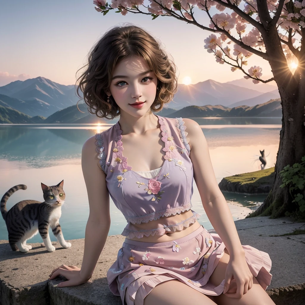 Masterpiece, Best quality, high resolution, realistic , hyperrealism , lifelike photography ,2024s, , alluring beautiful full body shot, (curly blondish brunette long hair, blue beautiful eyes), white skin with freckles,((( beautiful short cut naughty vest with flower embroidery mini skirt ))), beautiful golden  necklaces & bracelets, elegant bearing, beautiful landscape background of a rose & lilac orchid garden, high budget , beautiful mesmerizing face and small nose, long and curly sparkling hair , holding a beautiful orange stray cat , clivage , sunset , pink clouds , yellowish red rays at the horizon, elegant posing, beautiful legs, fit body, gorgeous Russian woman standing and naughty posing at the lagoon shores, back shot, side shot , front shot, blue lagoon , full body shot at the frame , naughty smile , deep cut chest style dress,(( very short skirt)) ,windy summer breeze , reasonable naked body parts, reasonable nudity ,((((cute cats sitting around her)))), naughty girl , very cute smile, bra and underwear is seen ,(( lingerie )) , 25 years old blonde Russian girl ,