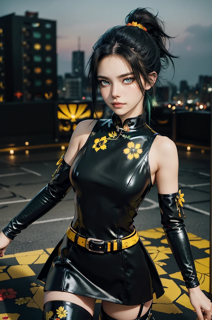 girl with black hair and red eyes in a black dress,  with glowing yellow eyes, smiling but has a temper, realistic, 8K, human eyes, detailed
