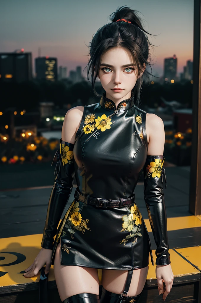 (RAW photo, best quality), Cute girl with short black hair, (ponytail), (city roof at night background), low light , green eyes , dark eyeliner, innocent smile, gorgeous face , super cute, 18 years old , young looking, hyper detailed face, dark eyeliner, (medium breast), (thin waist), (bare shoulders, (bare hips), black PVC mini dress with yellow flower decoration and vivid red patterns, qipao, deep black leather thigh high boots, black PVC arm sleeves with yellow flower decorations and vivid red patterns, metal decorative belt