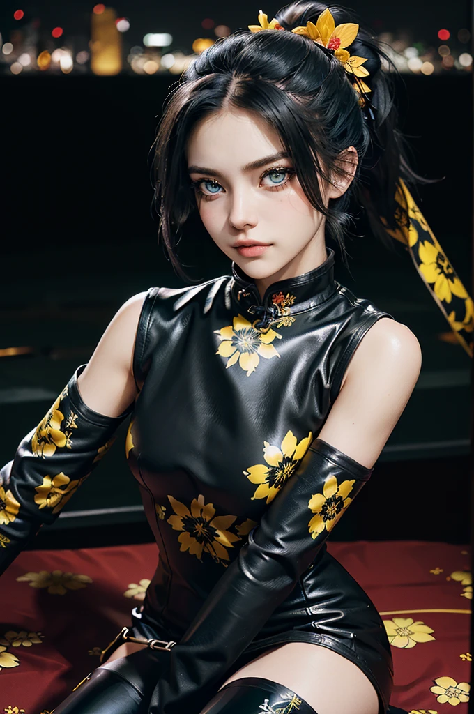 (RAW photo, best quality), Cute girl with short black hair, (ponytail), (city roof at night background), low light , green eyes , dark eyeliner, innocent smile, gorgeous face , super cute, 18 years old , young looking, hyper detailed face, dark eyeliner, (medium breast), (thin waist), (bare shoulders, (bare hips), black PVC mini dress with yellow flower decoration and vivid red patterns, qipao, deep black leather thigh high boots, black PVC arm sleeves with yellow flower decorations and vivid red patterns, metal decorative belt